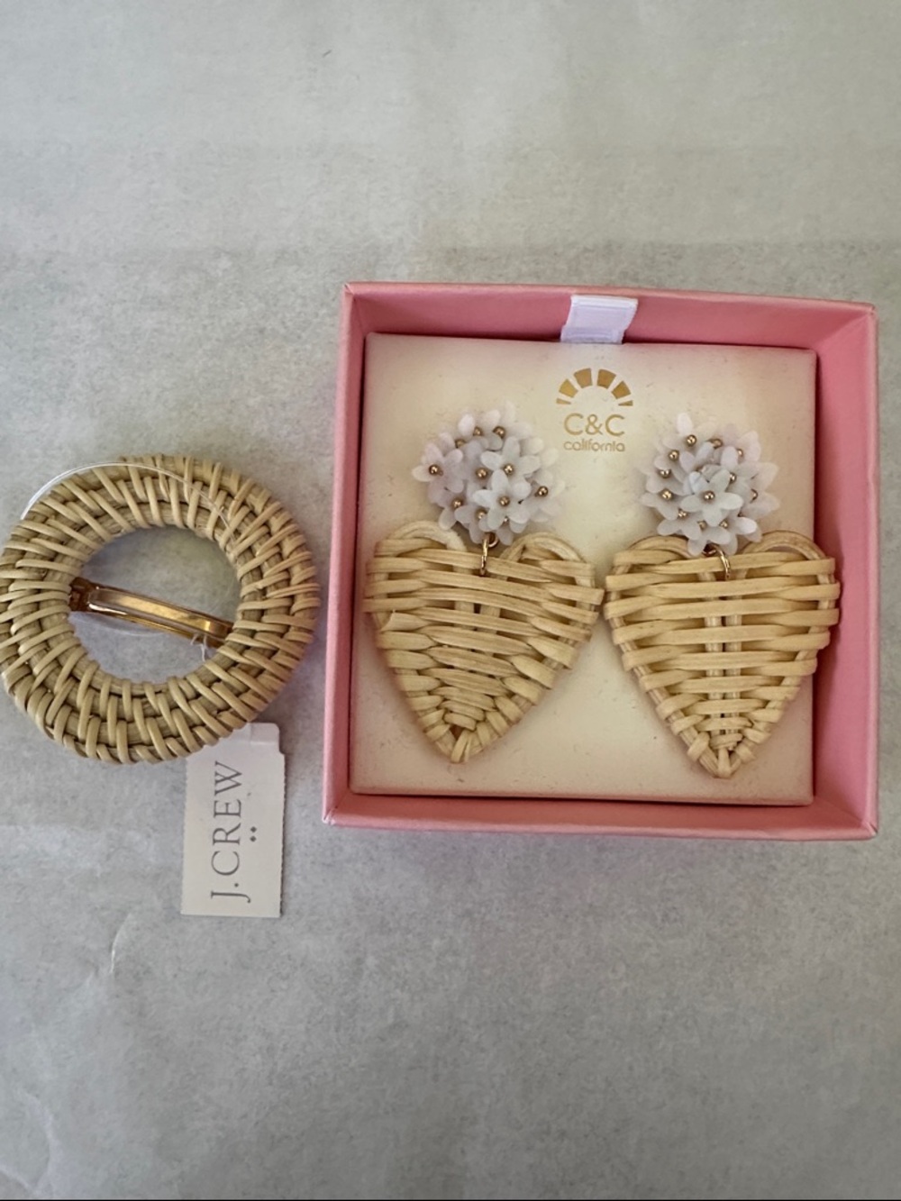 C&C California Woven Rattan Earrings and J.Crew Hair Clip NWT